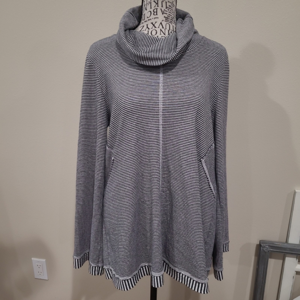 Maeve Women Sz Lg Black White Micro Stripe Tunic Top Relaxed Cowl 100% Cotton